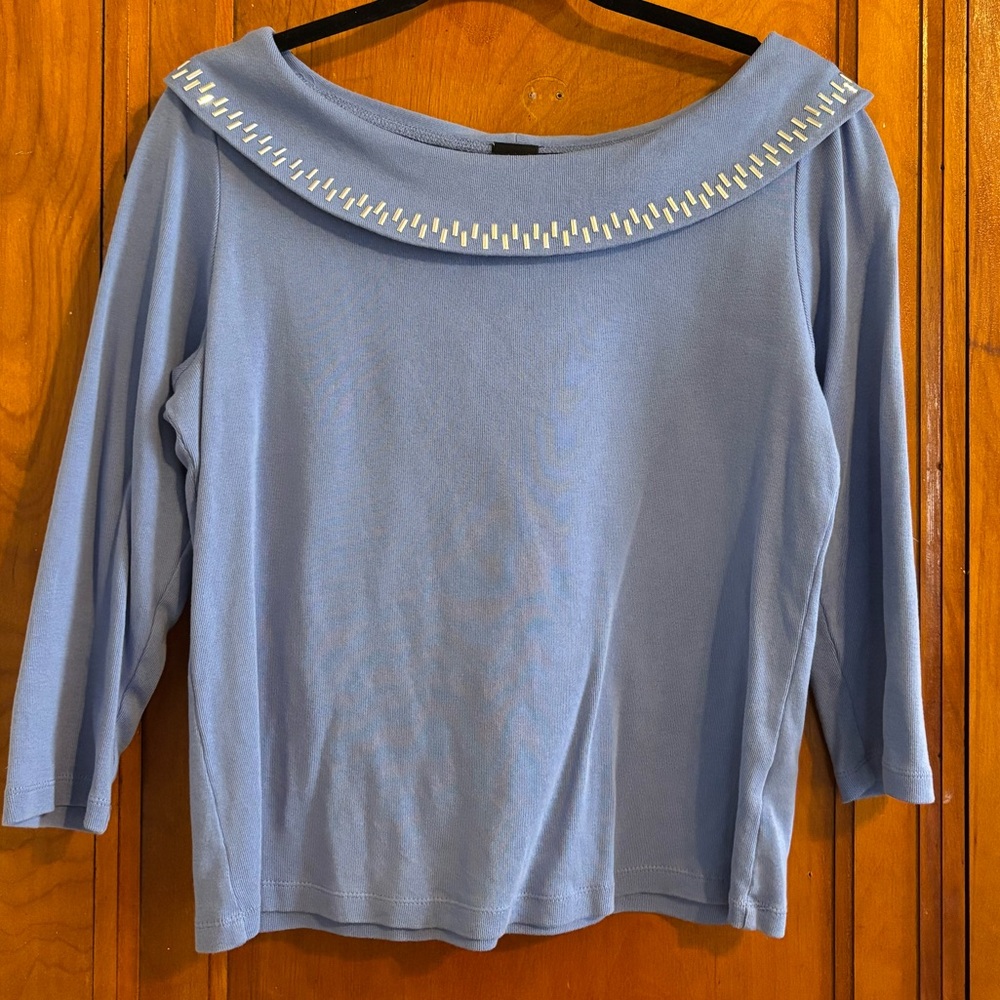 Blue Women's Capri Sleeve Top with Embellished Collar